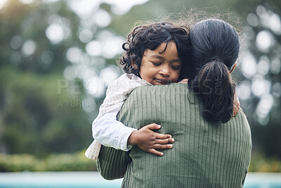 Buy stock photo Love, trust and child hug mother at outdoor park bonding for care and happy for quality time together in nature. Smile, mama and kid embrace parent or mom for happiness and support in mockup space