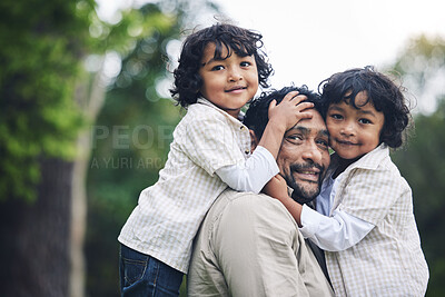 Buy stock photo Portrait, smile and father with children at park, nature or outdoor on vacation. Face, happy family and kids with dad, bonding and having fun, care or enjoying quality time together on holiday travel