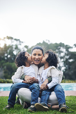 Buy stock photo Park, kiss and portrait of mother and children for bonding, quality time and affection outdoors together. Happy family, relax and kids with mom in nature embrace for care, loving relationship and joy