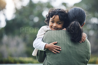 Buy stock photo Love, care and portrait of child hug mother at outdoor park bonding for trust and happy for quality time together. Smile, mama and kid embrace parent or mom for happiness and support in mockup space