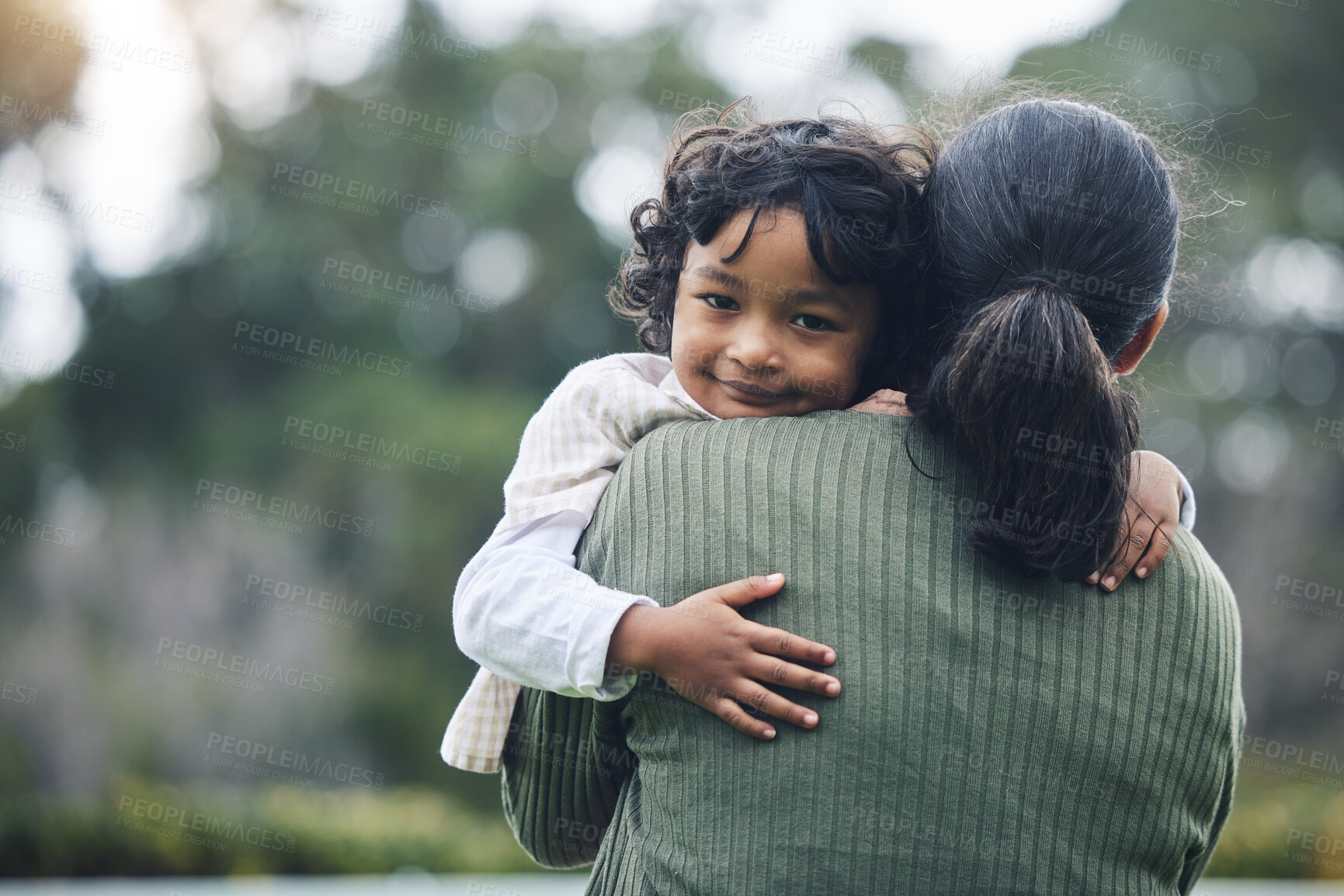 Buy stock photo Love, care and portrait of child hug mother at outdoor park bonding for trust and happy for quality time together. Smile, mama and kid embrace parent or mom for happiness and support in mockup space