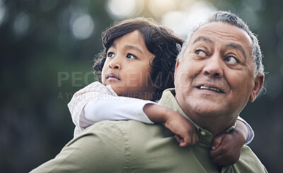 Buy stock photo Nature, care and a grandfather with a child and piggyback, thinking and looking at the view in a park. Smile, love and senior man with a kid in a backyard or garden with an idea or vision and hug
