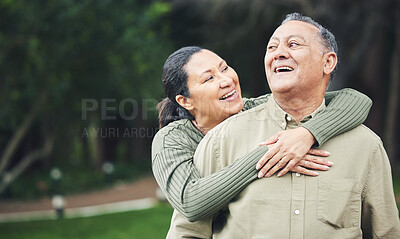 Buy stock photo Love, happy and senior couple hugging in nature in outdoor park with care, happiness and romance. Smile, sweet and elderly man and woman in retirement embracing and bonding together in green garden.