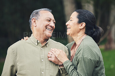 Buy stock photo Love, talk and mature couple in nature in an outdoor park with care, happiness and romance. Happy, smile and senior man and woman in retirement embracing and bonding together in a green garden.