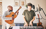 Music, piano and friends with guitar recording in home studio together. Electric keyboard, instrument and microphone of singer with teamwork, creative men and artists in production of acoustic sound