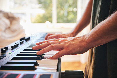 Buy stock photo Piano, man and hands on keys for music, creative talent and skills in home studio. Closeup, musician and playing synthesizer keyboard for audio performance, sound artist and learning instrument notes