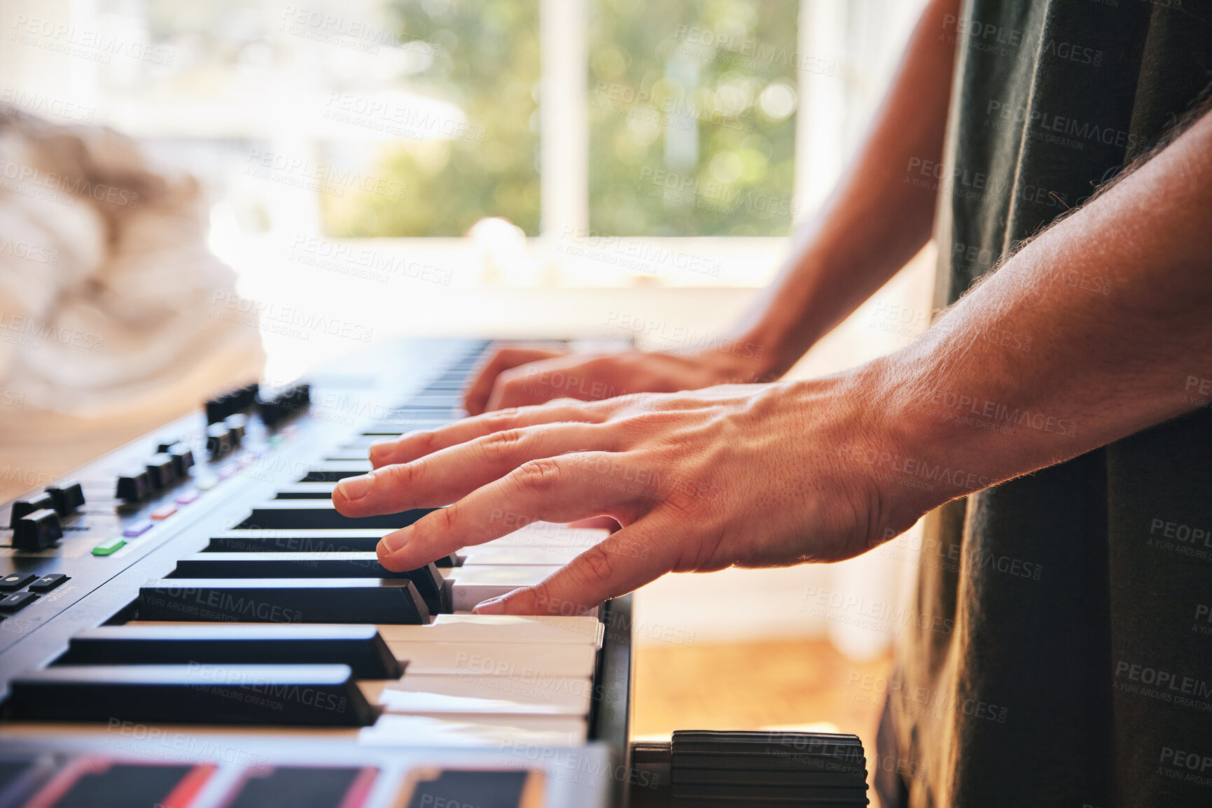 Buy stock photo Piano, man and hands on keys for music, creative talent and skills in home studio. Closeup, musician and playing synthesizer keyboard for audio performance, sound artist and learning instrument notes