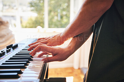 Buy stock photo Hands, man and piano keyboard for talent, skills and creativity of band in home studio. Closeup, musician and fingers playing electrical instrument in audio performance, sound artist or entertainment