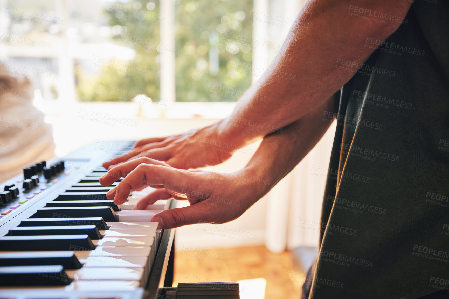 Buy stock photo Hands, man and piano keyboard for talent, skills and creativity of band in home studio. Closeup, musician and fingers playing electrical instrument in audio performance, sound artist or entertainment