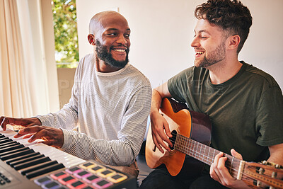 Buy stock photo Friends, band and smile with piano, guitar and song production in home studio together. Happy men, musicians and collaboration with keyboard, acoustic instrument and creative talent for performance