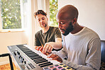 Music, piano and teacher with black man, learning or practice together in home. Electric keyboard, playing and people training for creative production of sound, audio and coaching instructor in house