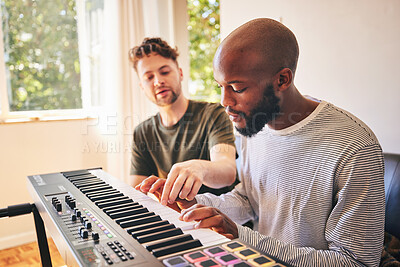 Buy stock photo Music, piano and teacher with black man, learning or practice together in home. Electric keyboard, playing and people training for creative production of sound, audio and coaching instructor in house