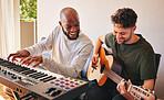 Friends, men and piano with guitar for happy song production in home studio together. Band, sound musicians and collaboration with keyboard, acoustic instrument and creative talent for performance