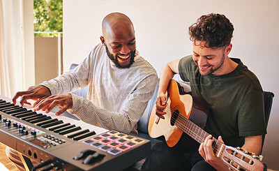 Buy stock photo Friends, men and piano with guitar for happy song production in home studio together. Band, sound musicians and collaboration with keyboard, acoustic instrument and creative talent for performance