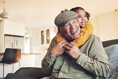 Buy stock photo Hug, grandparent playing or happy child in family home on sofa with love or care bonding together. Piggyback, living room couch or senior grandfather with young girl, smile or kid to relax in house