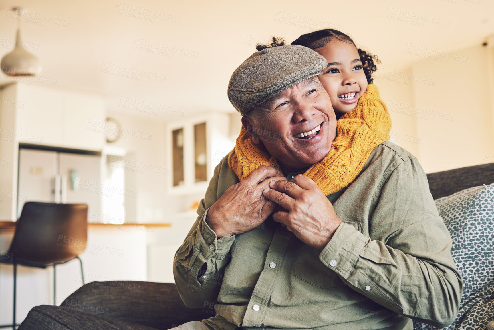 Buy stock photo Hug, grandparent playing or happy child in family home on sofa with love or care bonding together. Piggyback, living room couch or senior grandfather with young girl, smile or kid to relax in house