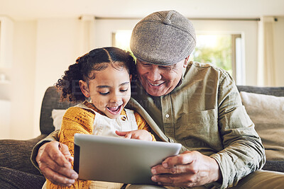 Buy stock photo Young girl, grandfather and tablet, relax together and watch cartoon or e learning with games while at home. Bonding, love and spending quality time, old man and female child with gadget and internet