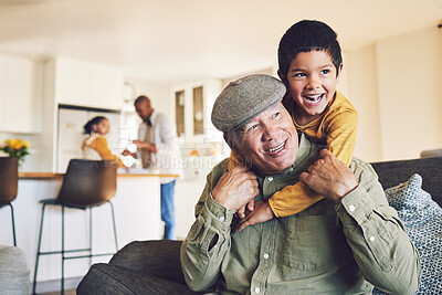 Buy stock photo Home, grandfather and boy relax, hug and happiness with love, family and quality time in the lounge. Male child, happy grandpa and kid embrace, bonding and care with joy, playful and weekend break