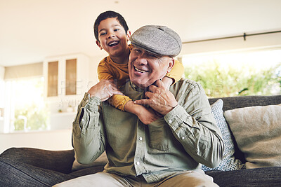 Buy stock photo Hug, grandfather and boy with a smile, relax and love with quality time, cheerful and weekend break in a home. Male child, grandpa and kid embrace, bonding and portrait with joy, playful and loving
