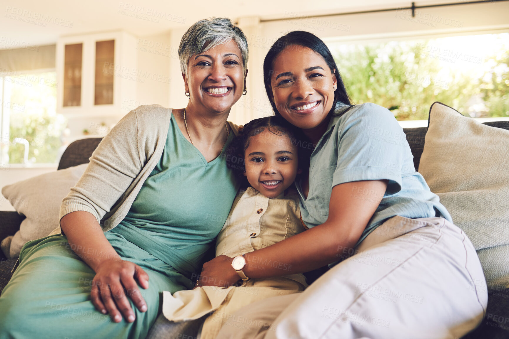 Buy stock photo Mother, grandma or portrait of happy family on a sofa with love enjoying quality bonding together in home. Smile, affection or girl child hugging mom or senior grandparent on house couch with care