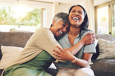 Buy stock photo Senior mother, funny and hug woman in living room, bonding and laughing together. Happy, elderly mom and embrace person, relax and smile with care, love and enjoying time on home sofa with family.