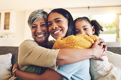 Buy stock photo Hug, portrait and a grandmother, child and mother with happiness, love and care on mothers day. Happy, house and a senior woman, mom and girl with embrace as family for support together on the sofa