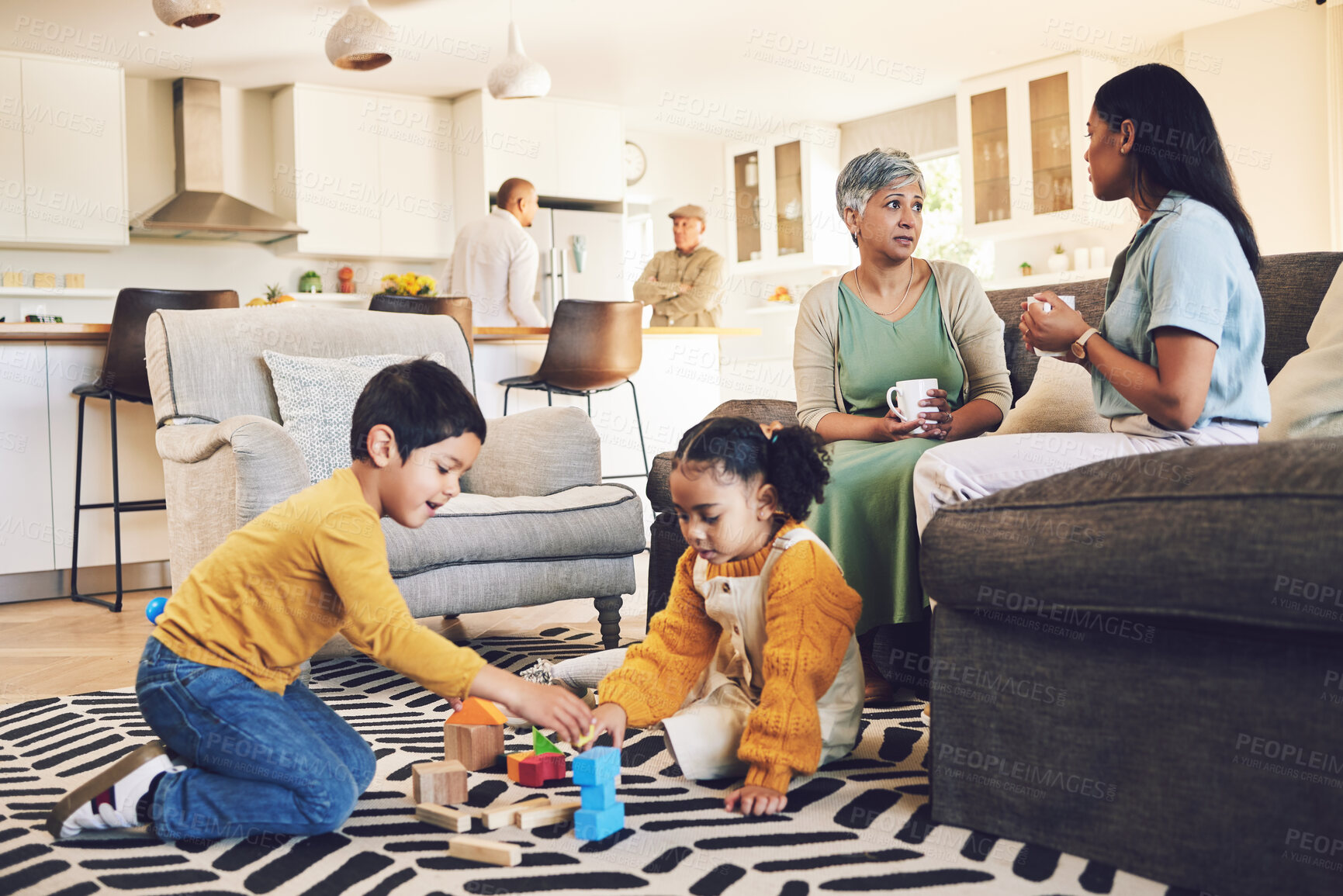 Buy stock photo Family home, kids and siblings with toys, living room and play on floor with grandparents, parents or games. Men, women and children for building blocks, development and learning in lounge in house