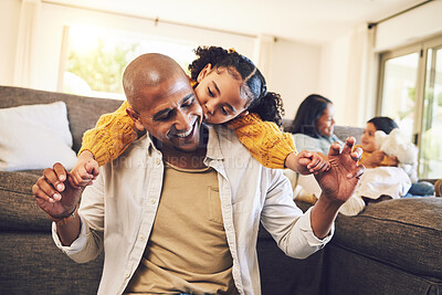 Buy stock photo Happy, playing and a child with a kiss for a father, love and bonding together in a house. Smile, family and a girl and a young dad holding hands with a piggyback in the living room for a hug