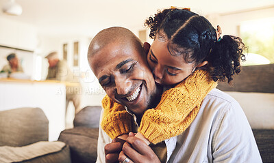 Buy stock photo Happy father, kiss and piggyback child in home, bonding and having fun together. Smile, dad and carrying girl with care, love and support, play and enjoying quality time in living room with family.