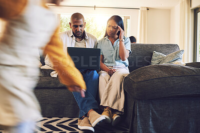 Buy stock photo Kid running with parents on laptop with stress at their home in the living room with problems. Upset, technology and girl child moving with adhd motion blur with mother and father on computer on sofa