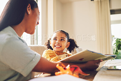 Buy stock photo Story, help and mother with a child for reading, teaching and support with homework. Family, house and a mom and girl kid learning knowledge from a book and studying together for homeschool education
