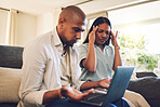 Stress, frustrated and couple on a laptop in the living room  of their modern home paying their bills. Upset, technology and young man and woman doing online banking with computer on sofa at a house.