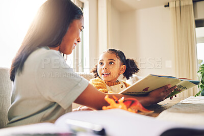 Buy stock photo Happy, help and a mother with a child for reading, teaching and support with homework. Family, house and a mom and girl kid learning knowledge from a book and studying together for education