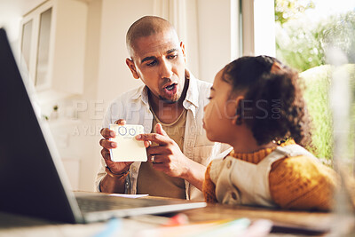Buy stock photo Parent, teaching and girl for education in home with laptop and homework for growth. Father, kid and learning for knowledge with reading assignment or support for childhood development with help.