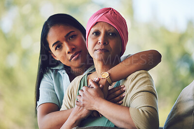 Buy stock photo Portrait of mother with cancer, adult daughter in garden and support, love and care in family relationship. Kindness, woman with mom in chemotherapy rehab and hug for courage, hope and healthcare.