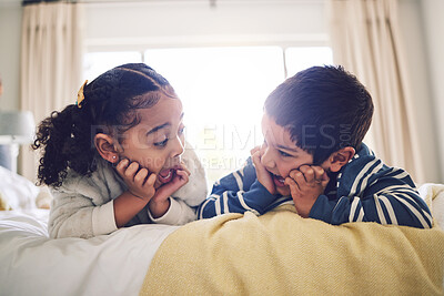 Buy stock photo Bed, talking and boy with girl, relax and excited with a story, home and gossip, secret or storytelling. Siblings, sister or brother in a bedroom, speaking or fun for happy children in conversation