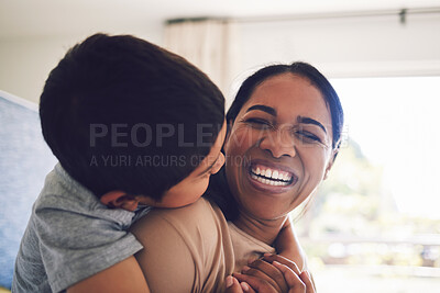 Buy stock photo Funny, mother and hug child in home, bonding and having fun together. Happy, mom and embrace kid, laughing and smile with care, love and affection, play and enjoying quality time to relax with family