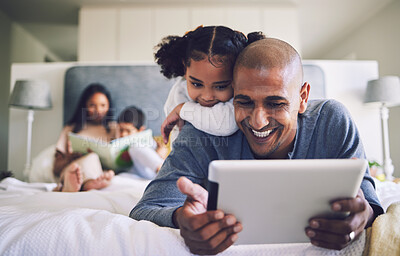 Buy stock photo Happy, cartoon and father and a child with a tablet in the bedroom for games, app or streaming a video. Smile, family and a dad and a little girl watching a film on tech for education on a house bed
