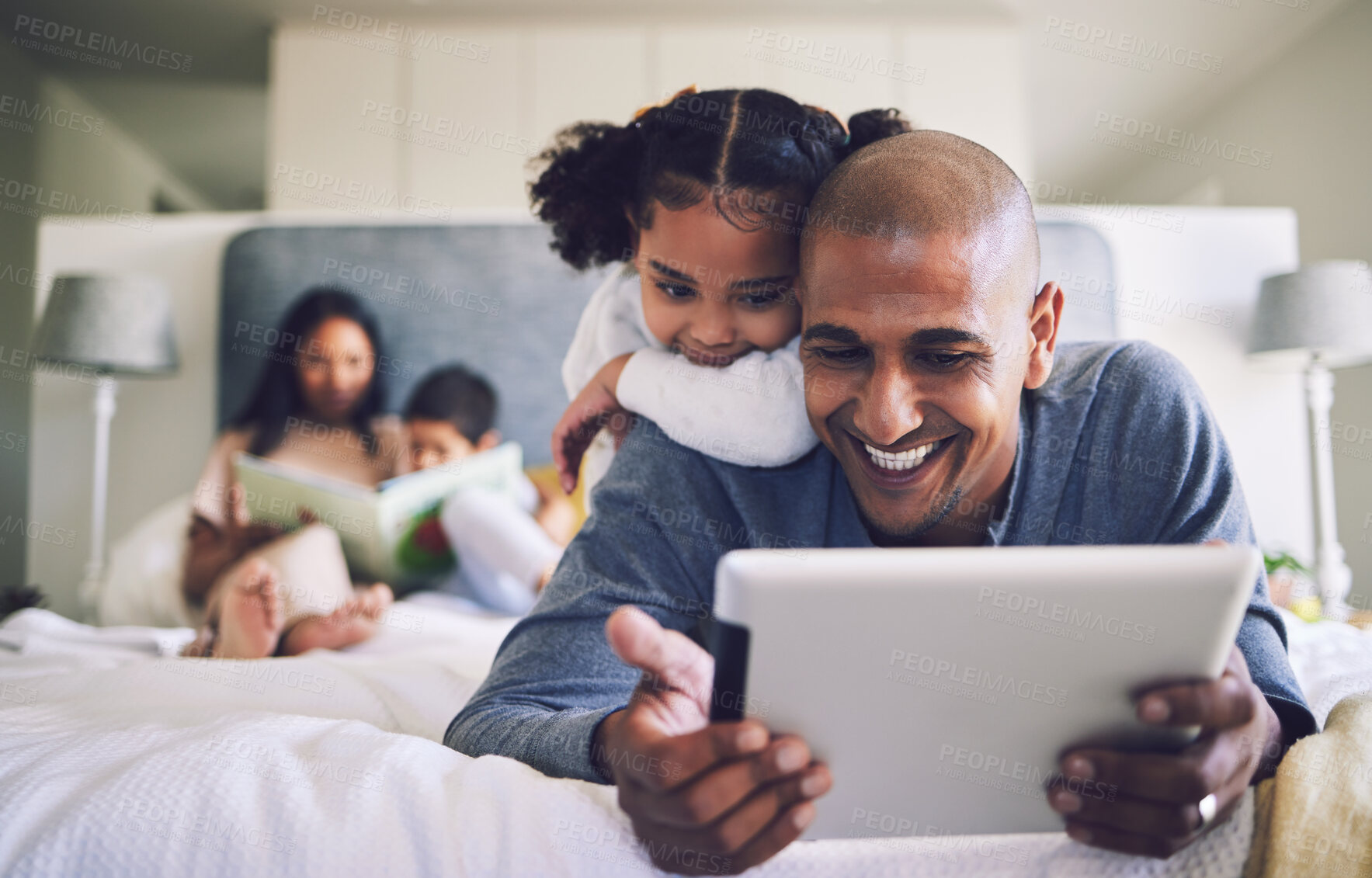 Buy stock photo Happy, cartoon and father and a child with a tablet in the bedroom for games, app or streaming a video. Smile, family and a dad and a little girl watching a film on tech for education on a house bed