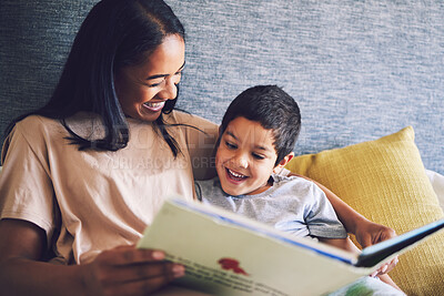 Buy stock photo Family home, mother and child reading a book in a bed together with love, care and security or comfort. Woman and kid with a happy smile and quality time for learning or story in bedroom to relax