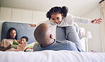 Family home, parents and child playing on a bed together with love, care and security or comfort. Man and girl kid with a happy smile, fun game and quality time in bedroom to fly or relax in morning