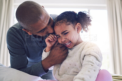 Buy stock photo Father, crying girl child and comfort with talk, care and support with love, bonding and help in family home. Dad, sad daughter and together with chat to manage emotions, fear and anxiety in house
