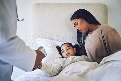 Buy stock photo Doctor, mother and daughter with fever, thermometer and check with worry, health and temperature in bed. Medic, inspection or exam for flu, sick child and mom in bedroom for wellness in family house