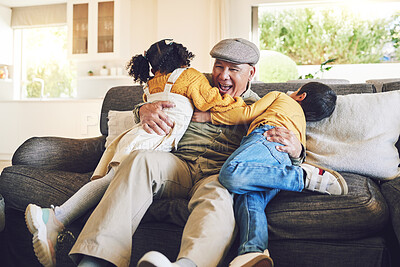Buy stock photo Hug, grandfather playing or happy kids in family home on sofa with love enjoying bonding time together. Smile, affection or senior grandfather relaxing with young children siblings on couch in house