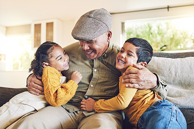 Buy stock photo Hug, grandfather or happy children in family home on sofa with love enjoying quality bonding time together. Smile, affection or senior grandparent relaxing with young kids or siblings on house couch