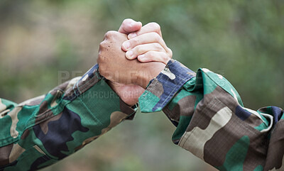 Buy stock photo People, army and handshake for partnership, teamwork or deal in war, agreement or unity together in nature. Soldiers shaking hands for team fight, thank you or gratitude in solidarity in the outdoors