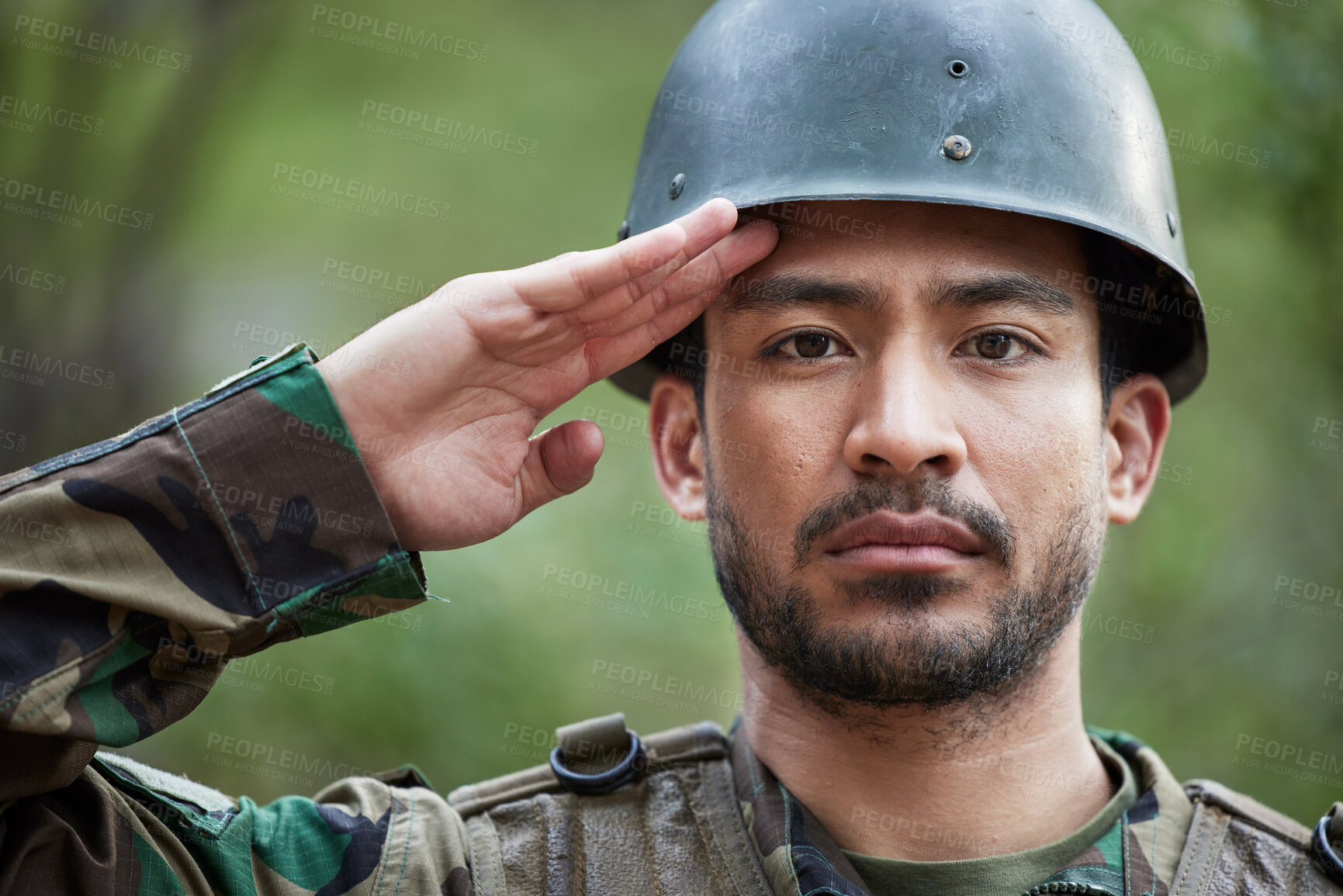 Buy stock photo Army, man and salute portrait in military of a veteran with security, protection and battle. Male person, soldier and serious face with surveillance, hero and war leader with camouflage in nature
