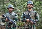 Gun, army portrait and people in forest training, outdoor shooting and military exercise, mission and jungle. Rifle, soldier teamwork and veteran man and woman in battlefield gear in woods or nature