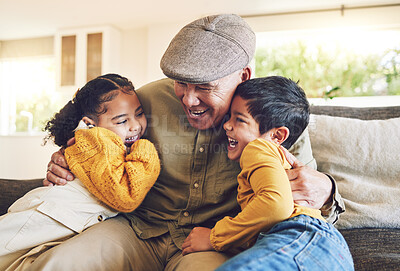 Buy stock photo Hug, grandpa or happy kids laughing in family home on sofa with love enjoying bonding time together. Smile, affection or senior grandfather relaxing with funny children siblings on couch in house