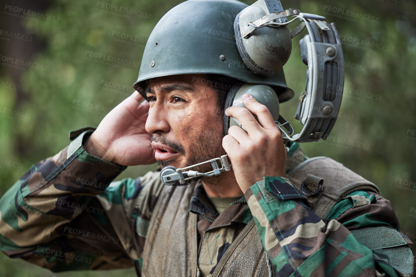 Buy stock photo Radio, communication and military soldier talking with leadership in war or officer in army training with technology in emergency. Contact, control room and discussion of conflict or battlefield